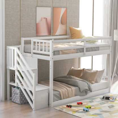 Twin over Twin Floor Bunk Bed, Ladder with Storage, White image 4
