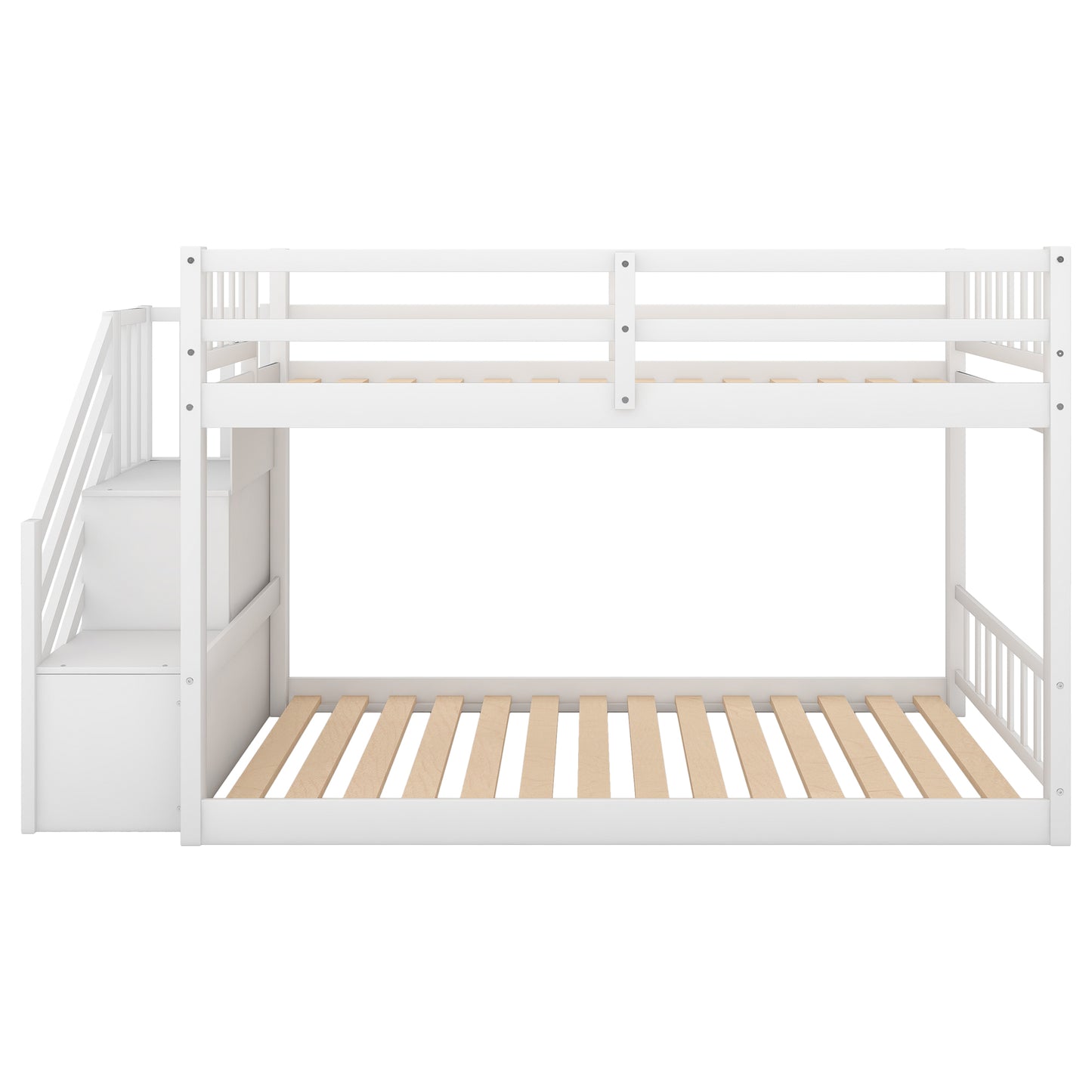 Twin over Twin Floor Bunk Bed, Ladder with Storage, White image 9