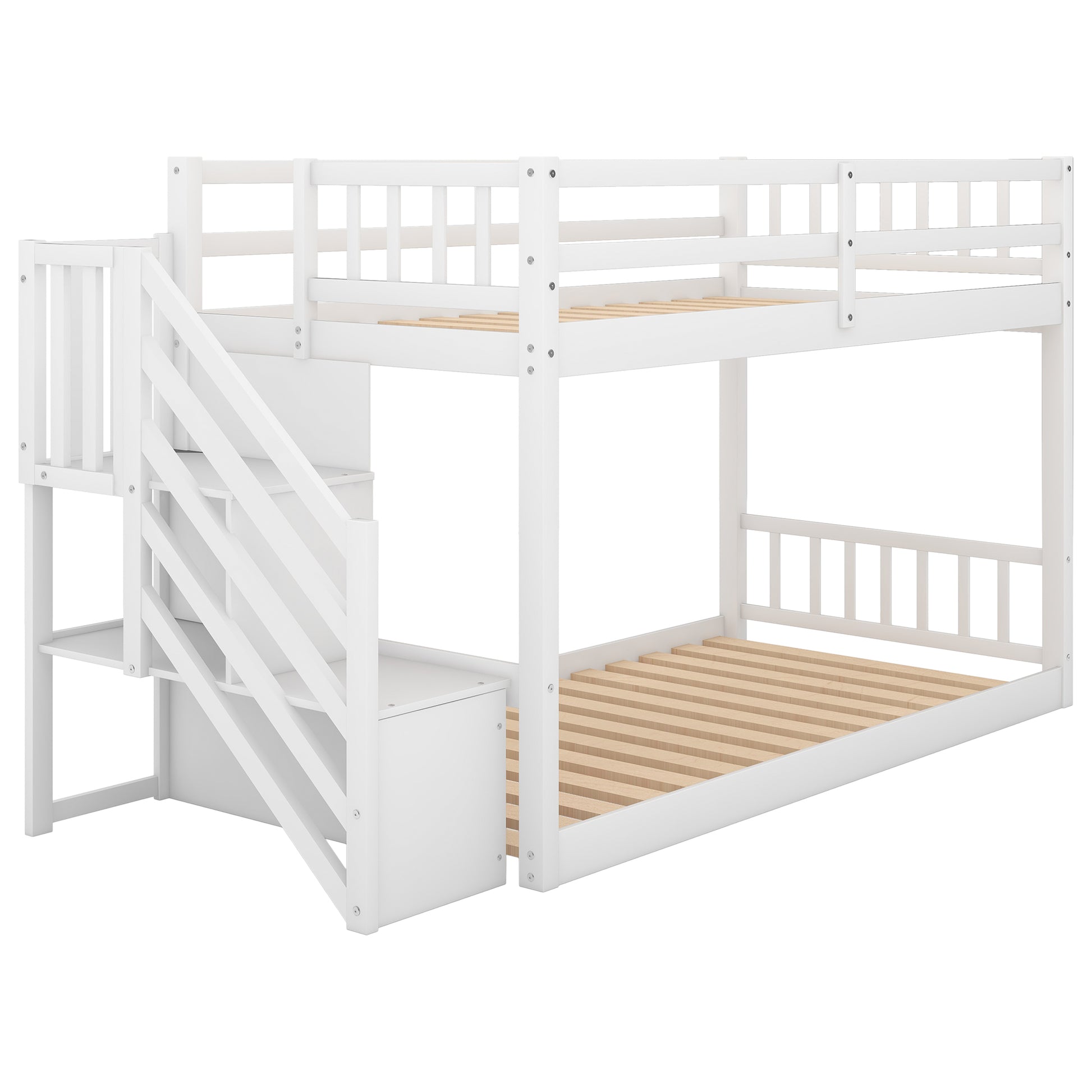 Twin over Twin Floor Bunk Bed, Ladder with Storage, White image 11