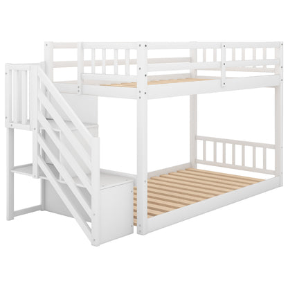 Twin over Twin Floor Bunk Bed, Ladder with Storage, White image 11