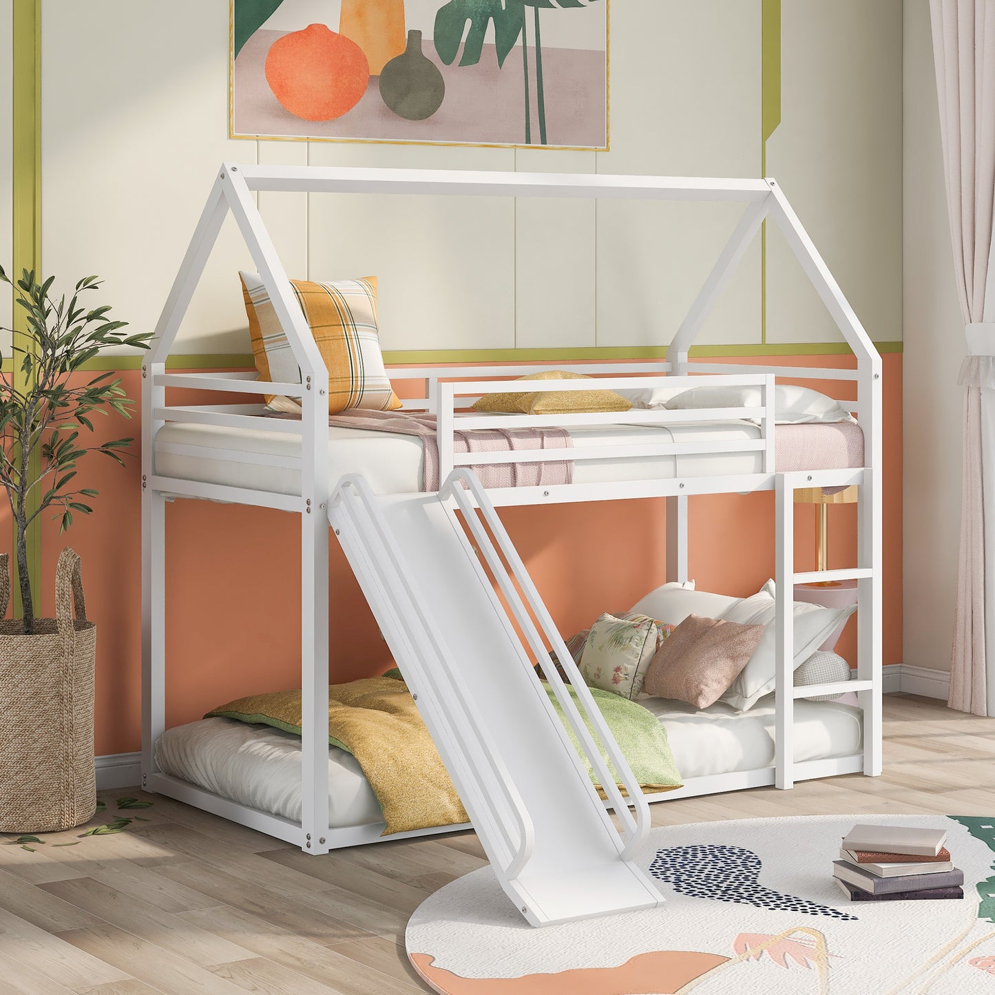 Twin over Twin House Bunk Bed with Ladder and Slide,White image 1