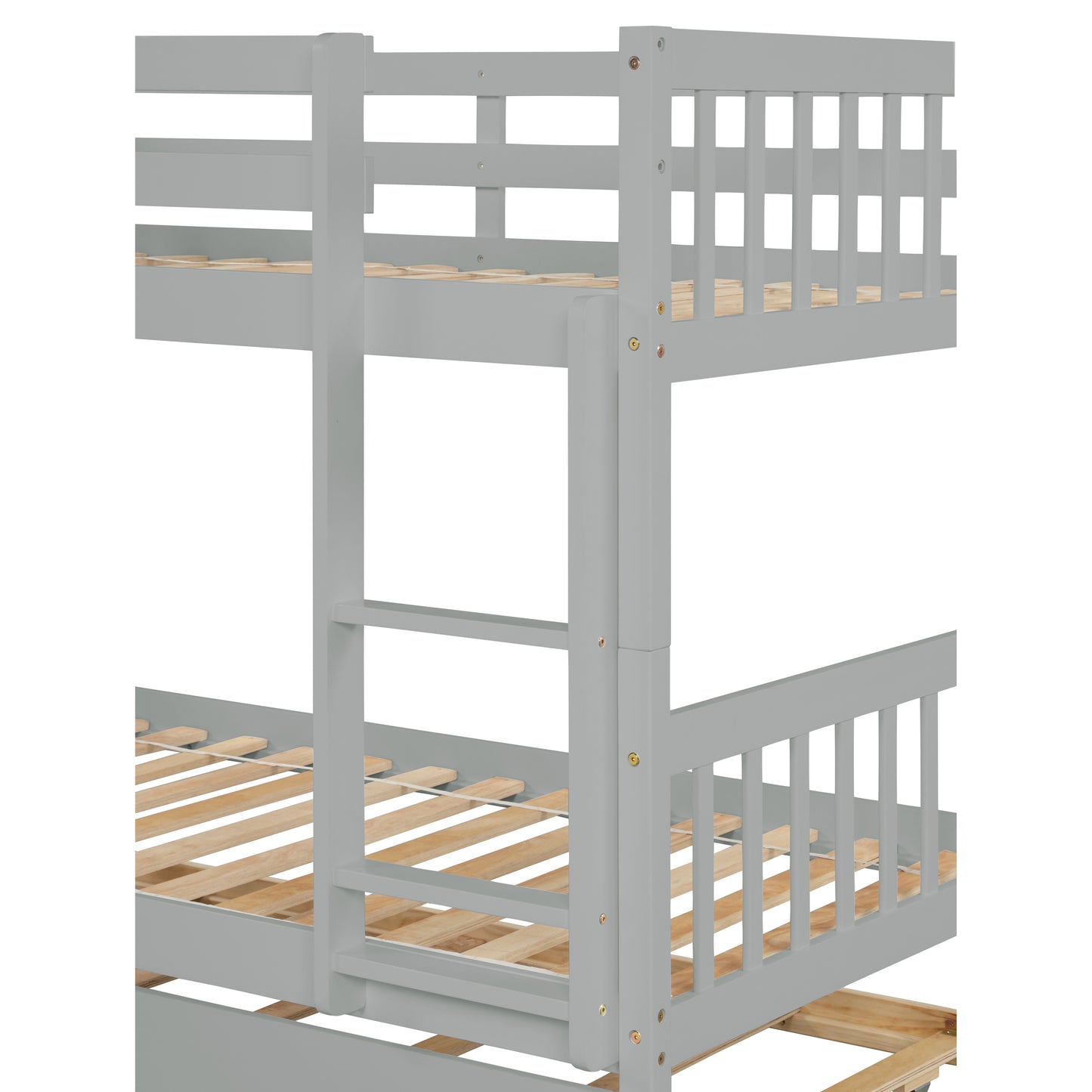 Twin Over Twin Rubber Wood Bunk Bed with Trundle, Convertible into Twin Size Beds, Twin Size Bunk Bed with Ladder and Safety Guardrails,Grey image 7