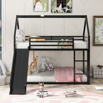 Twin over Twin House Bunk Bed with Ladder and Slide,Black image 2
