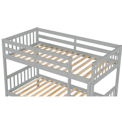 Twin Over Twin Rubber Wood Bunk Bed with Trundle, Convertible into Twin Size Beds, Twin Size Bunk Bed with Ladder and Safety Guardrails,Grey image 2