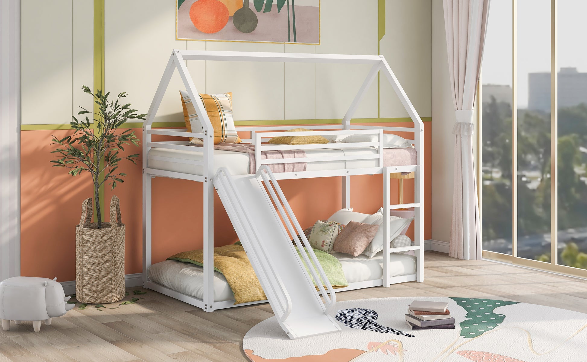 Twin over Twin House Bunk Bed with Ladder and Slide,White image 3
