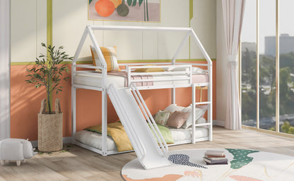 Twin over Twin House Bunk Bed with Ladder and Slide,White image 3