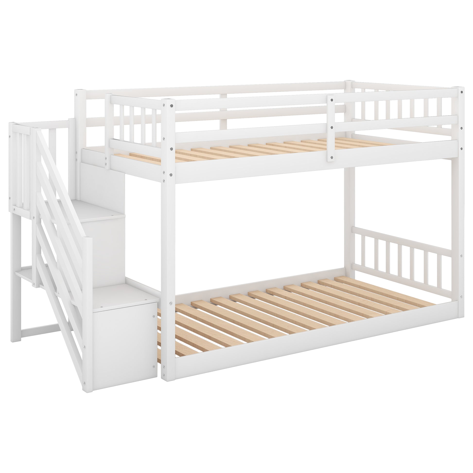 Twin over Twin Floor Bunk Bed, Ladder with Storage, White image 8