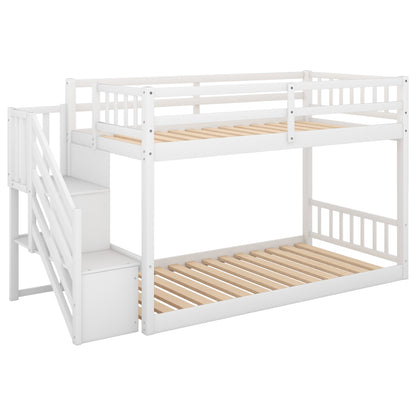 Twin over Twin Floor Bunk Bed, Ladder with Storage, White image 8