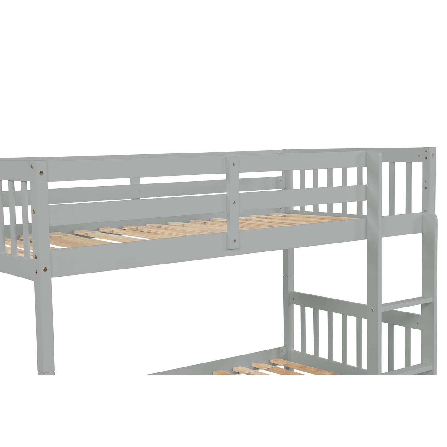 Twin Over Twin Rubber Wood Bunk Bed with Trundle, Convertible into Twin Size Beds, Twin Size Bunk Bed with Ladder and Safety Guardrails,Grey image 3