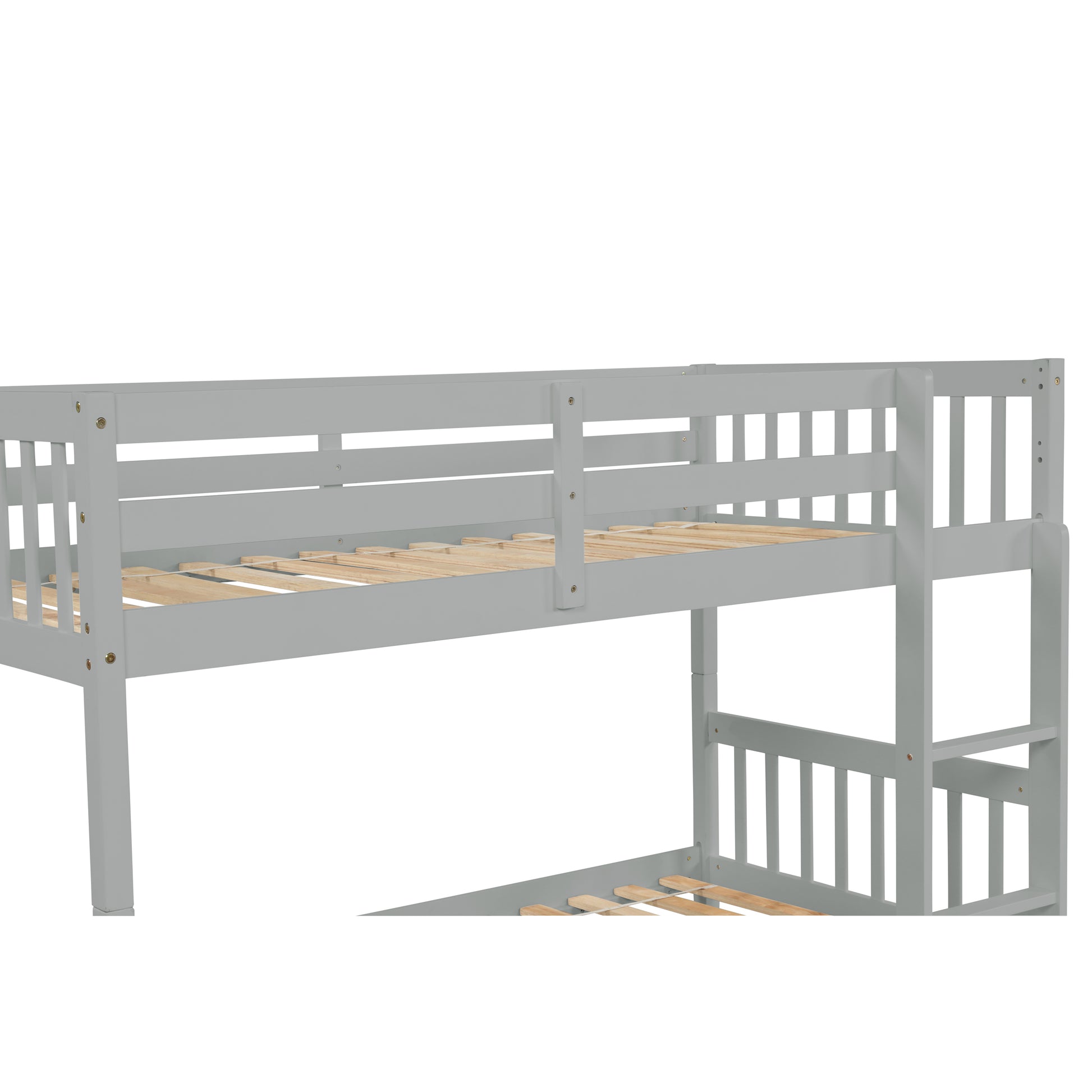 Twin Over Twin Rubber Wood Bunk Bed with Trundle, Convertible into Twin Size Beds, Twin Size Bunk Bed with Ladder and Safety Guardrails,Grey image 3