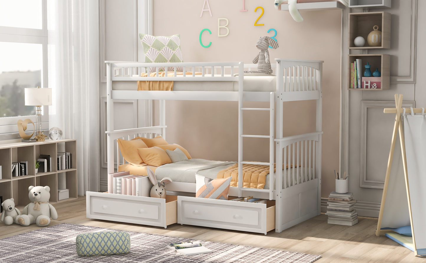 Twin over Twin Bunk Bed with Drawers, Convertible Beds, White(Old SKU: SM000240AAK-1) image 4