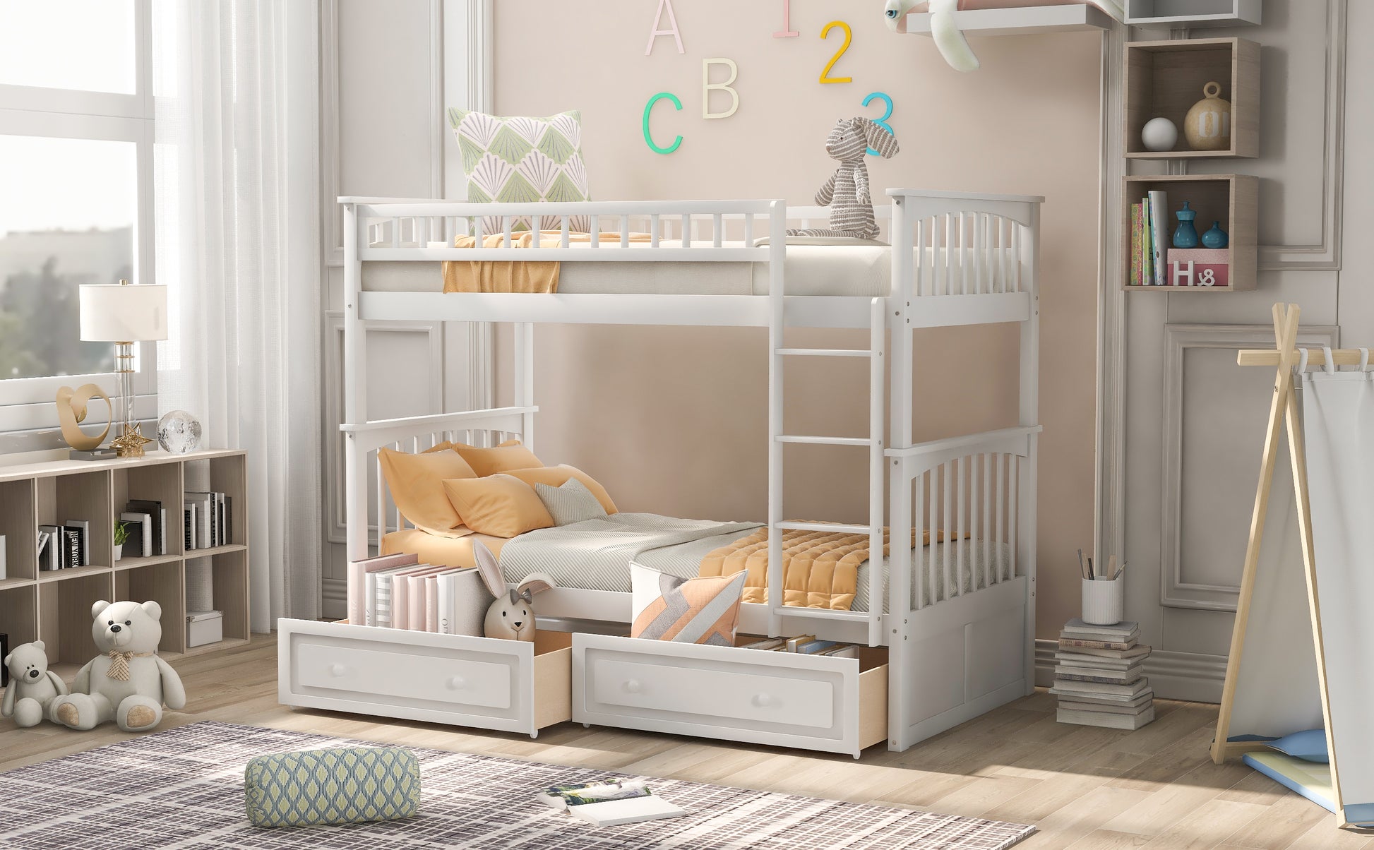 Twin over Twin Bunk Bed with Drawers, Convertible Beds, White(Old SKU: SM000240AAK-1) image 4