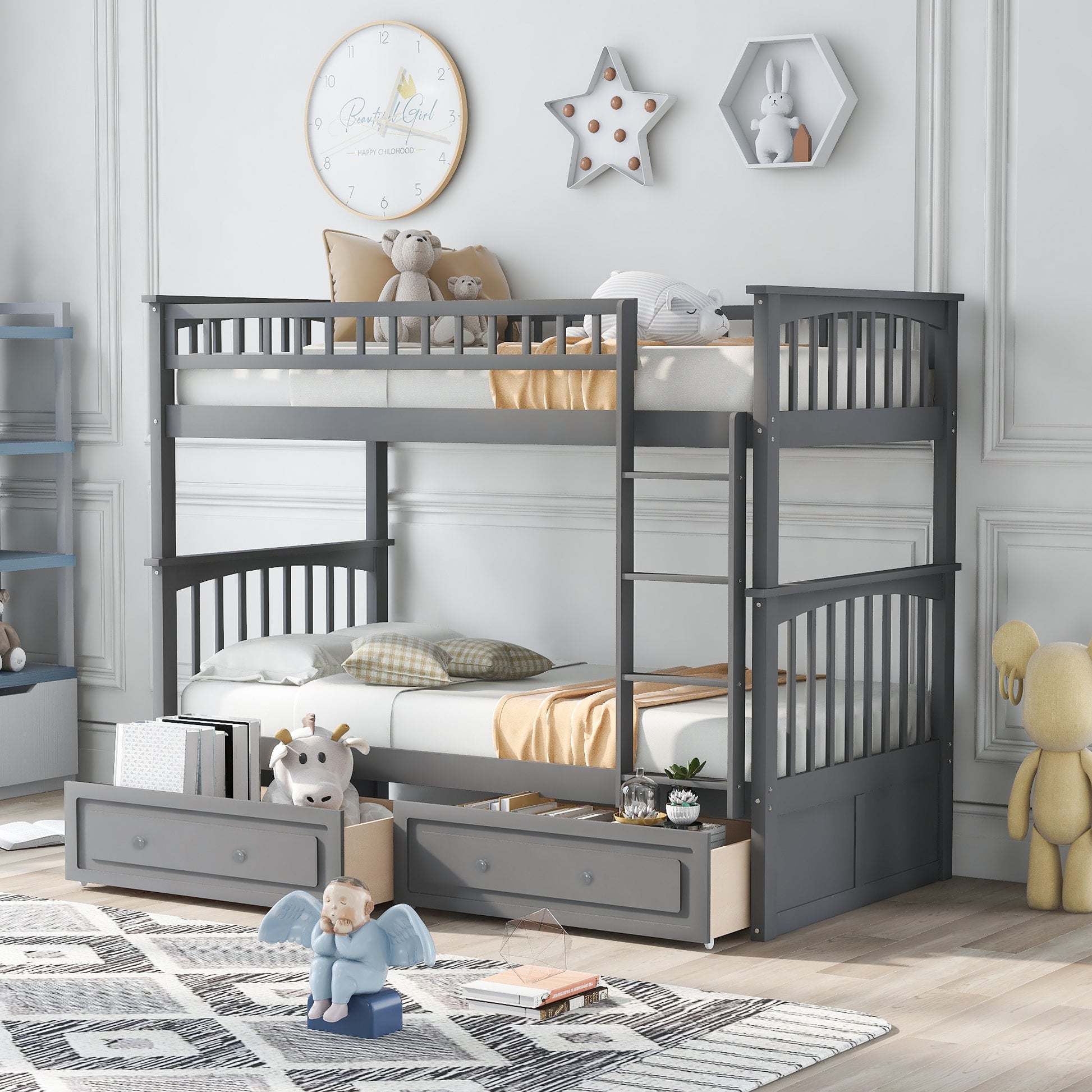 Twin over Twin Bunk Bed with Drawers, Convertible Beds, Gray(Old SKU: SM000240AAE-1) image 1
