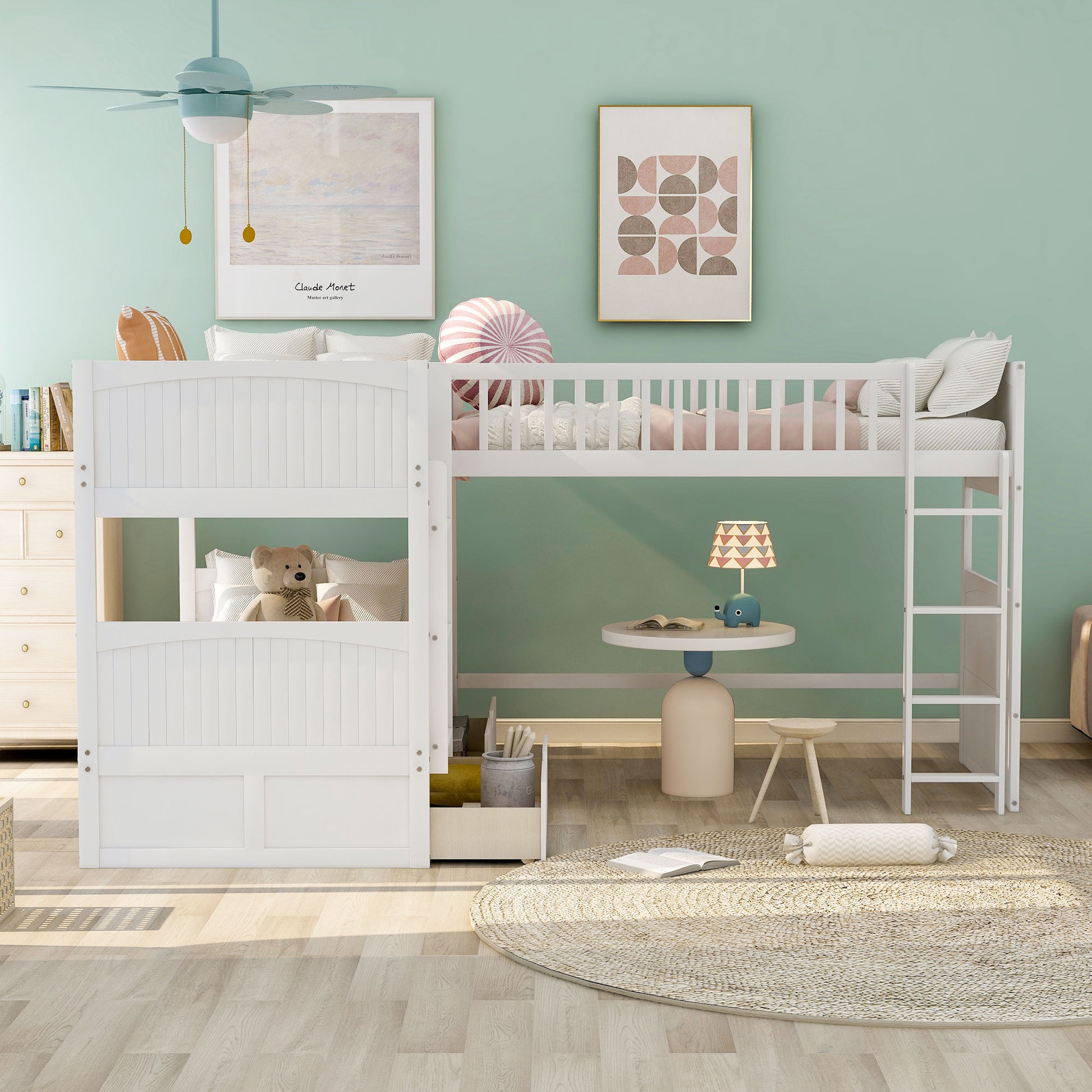 Twin Size Bunk Bed with a Loft Bed attached, with Two Drawers,White image 3