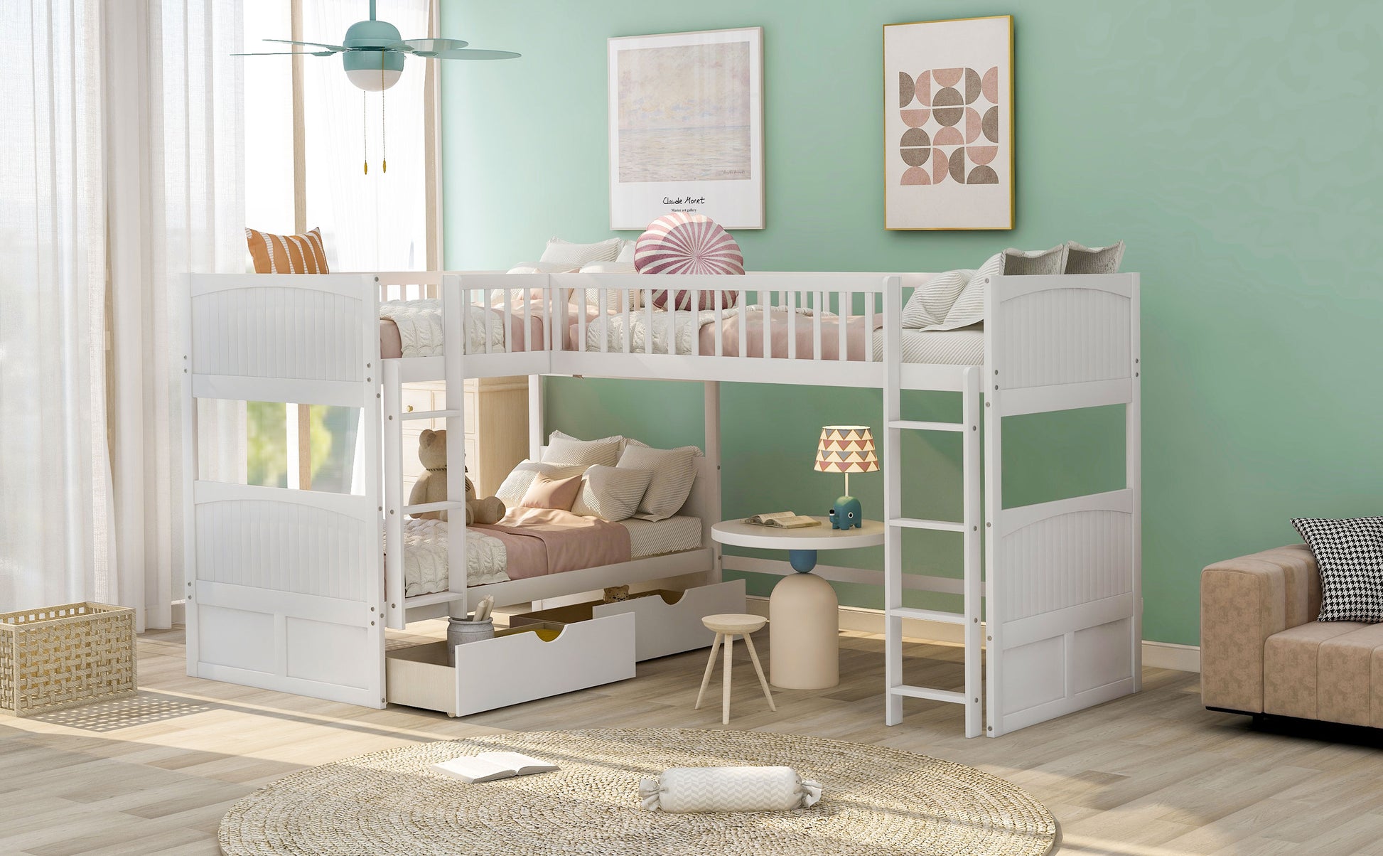 Twin Size Bunk Bed with a Loft Bed attached, with Two Drawers,White image 4