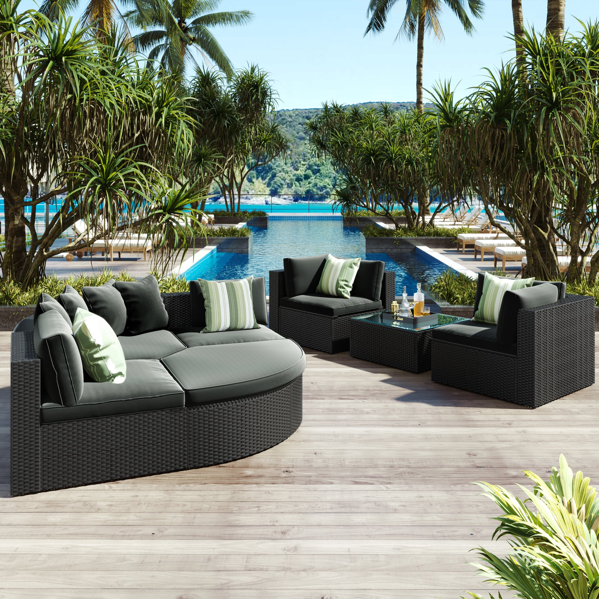 GO 7-piece Outdoor Wicker Sofa Set, Rattan Sofa Lounger, With Striped Green Pillows, Conversation Sofa, For Patio, Garden, Deck, Black Wicker, Gray Cushion image 1