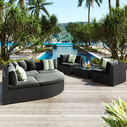 GO 7-piece Outdoor Wicker Sofa Set, Rattan Sofa Lounger, With Striped Green Pillows, Conversation Sofa, For Patio, Garden, Deck, Black Wicker, Gray Cushion image 1