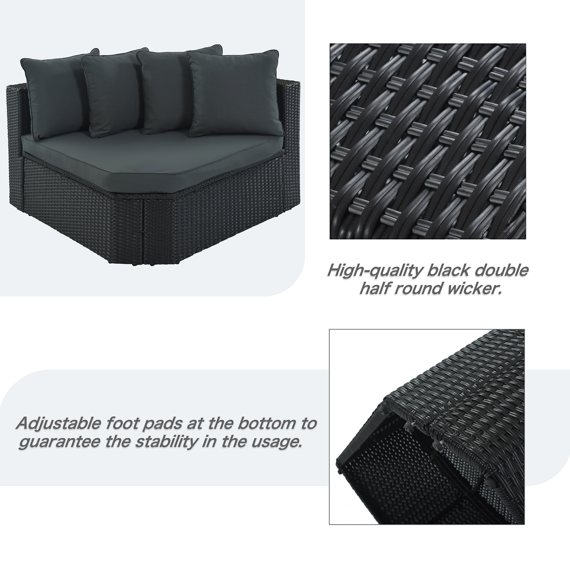 GO 7-piece Outdoor Wicker Sofa Set, Rattan Sofa Lounger, With Striped Green Pillows, Conversation Sofa, For Patio, Garden, Deck, Black Wicker, Gray Cushion image 12