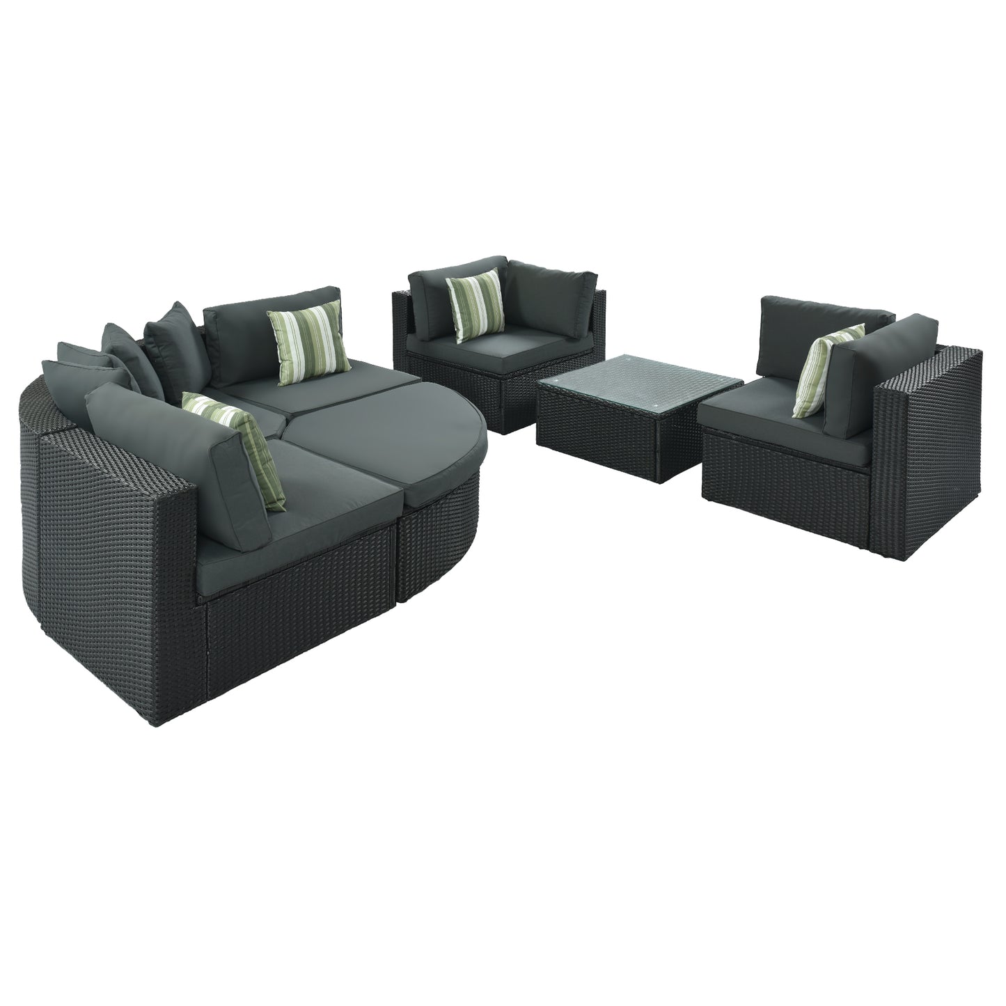 GO 7-piece Outdoor Wicker Sofa Set, Rattan Sofa Lounger, With Striped Green Pillows, Conversation Sofa, For Patio, Garden, Deck, Black Wicker, Gray Cushion image 5