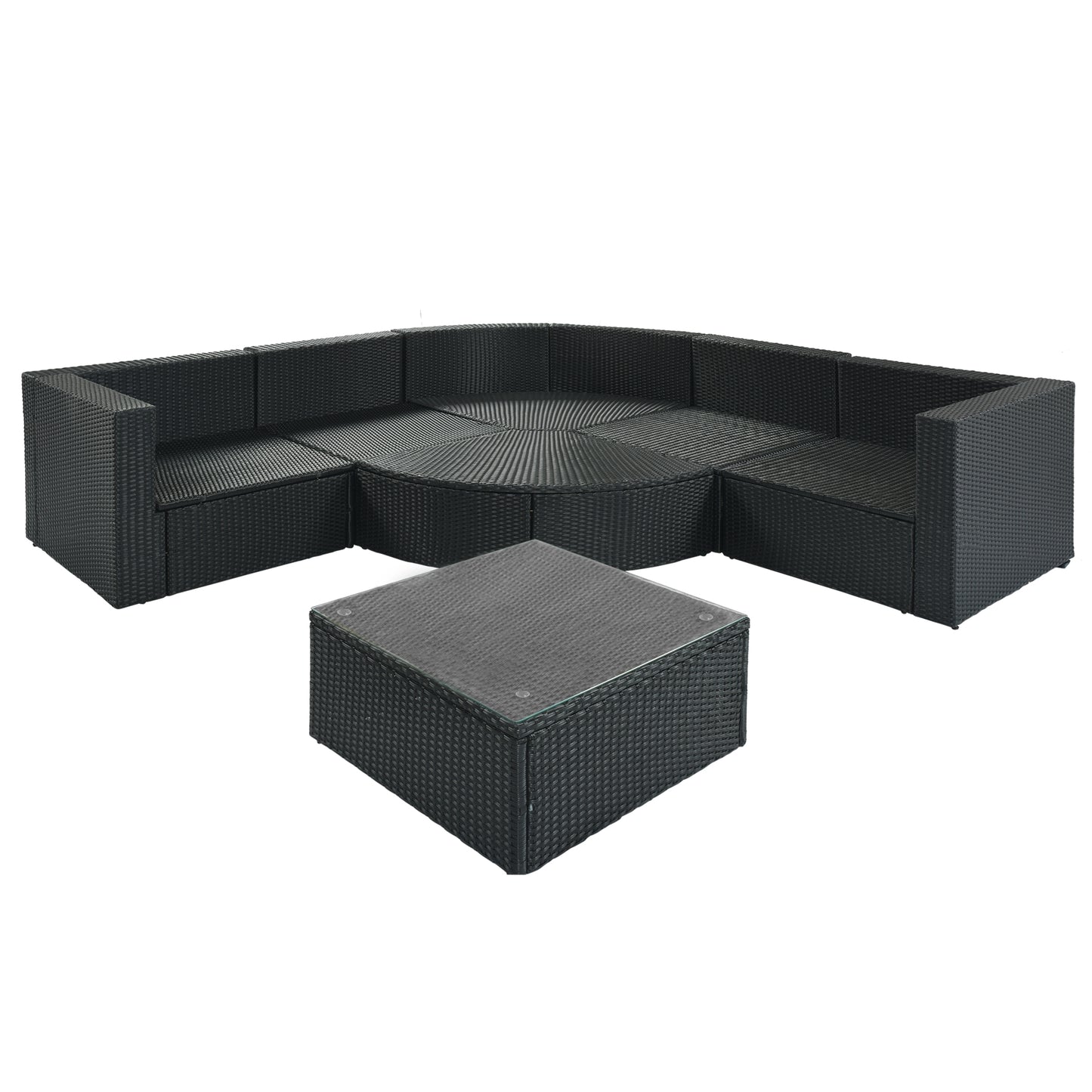 GO 7-piece Outdoor Wicker Sofa Set, Rattan Sofa Lounger, With Striped Green Pillows, Conversation Sofa, For Patio, Garden, Deck, Black Wicker, Gray Cushion image 8