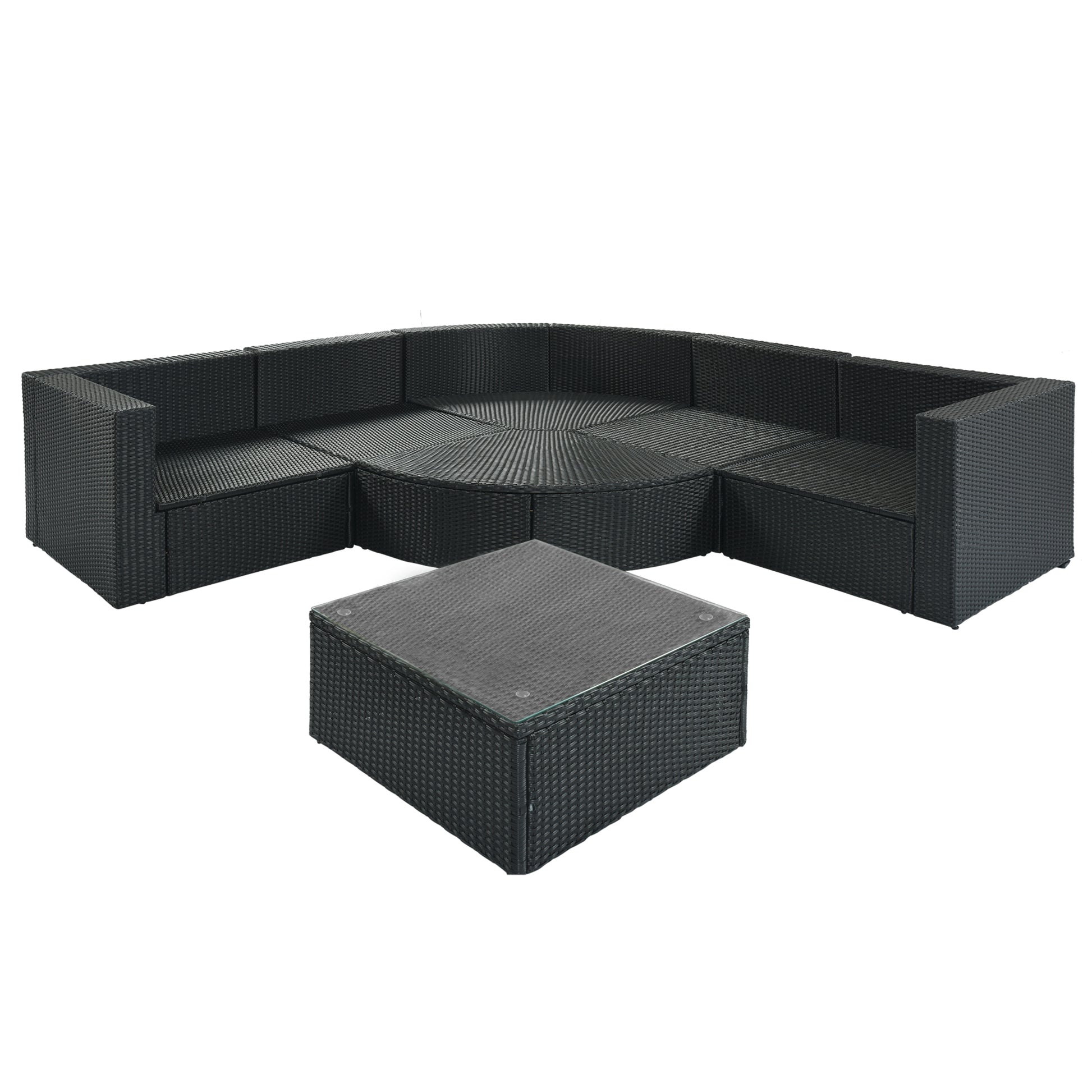 GO 7-piece Outdoor Wicker Sofa Set, Rattan Sofa Lounger, With Striped Green Pillows, Conversation Sofa, For Patio, Garden, Deck, Black Wicker, Gray Cushion image 8