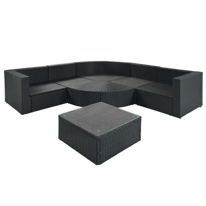 GO 7-piece Outdoor Wicker Sofa Set, Rattan Sofa Lounger, With Striped Green Pillows, Conversation Sofa, For Patio, Garden, Deck, Black Wicker, Gray Cushion image 8