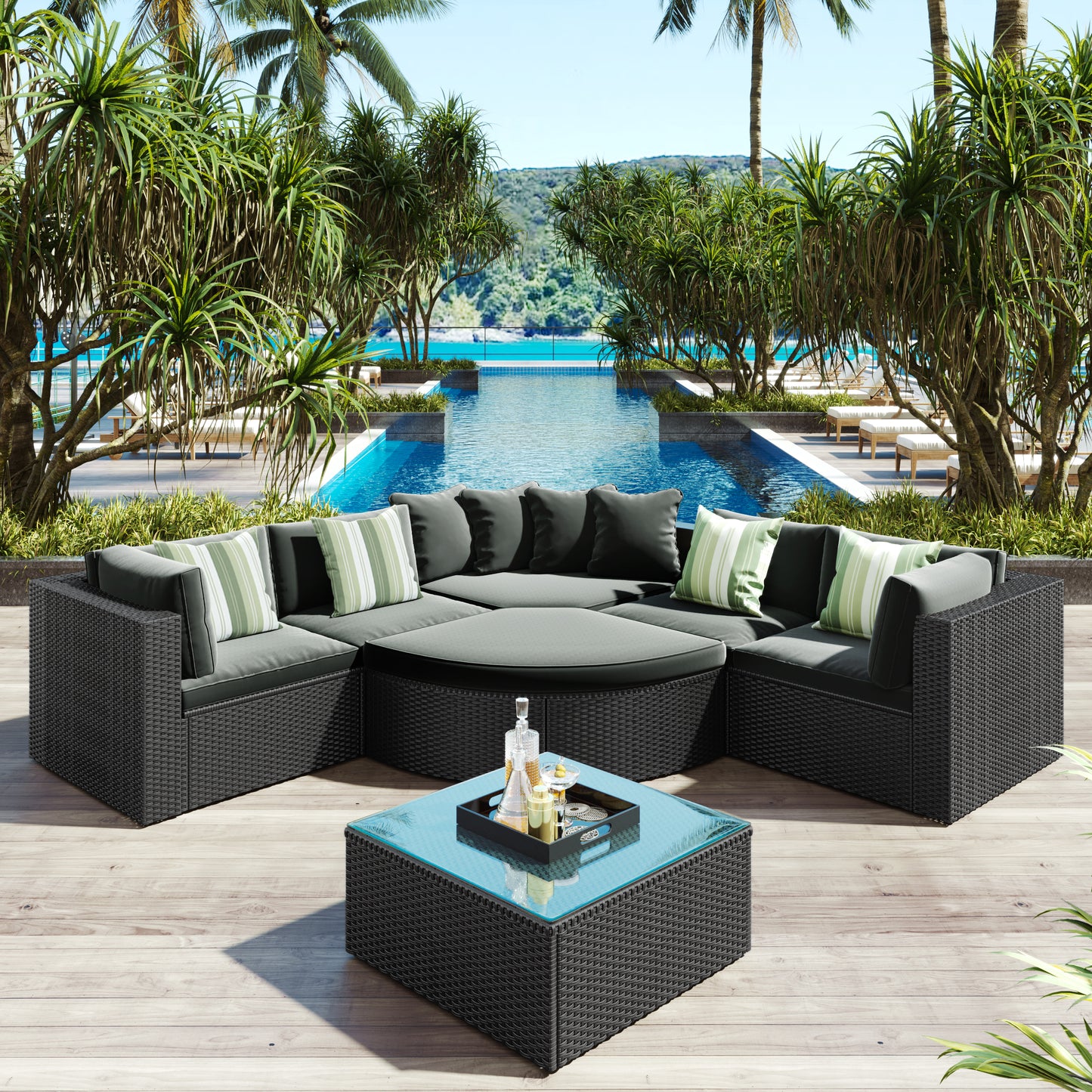 GO 7-piece Outdoor Wicker Sofa Set, Rattan Sofa Lounger, With Striped Green Pillows, Conversation Sofa, For Patio, Garden, Deck, Black Wicker, Gray Cushion image 2