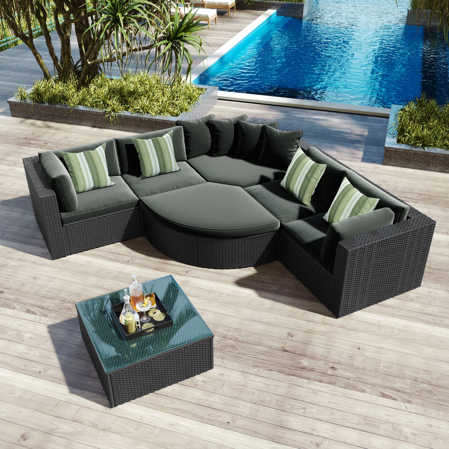 GO 7-piece Outdoor Wicker Sofa Set, Rattan Sofa Lounger, With Striped Green Pillows, Conversation Sofa, For Patio, Garden, Deck, Black Wicker, Gray Cushion image 3