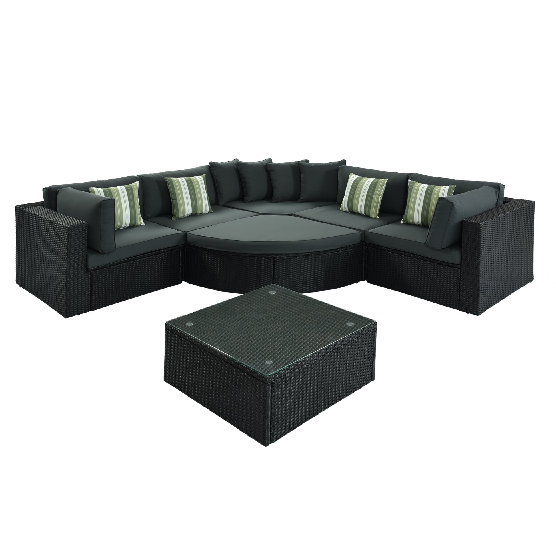GO 7-piece Outdoor Wicker Sofa Set, Rattan Sofa Lounger, With Striped Green Pillows, Conversation Sofa, For Patio, Garden, Deck, Black Wicker, Gray Cushion image 7