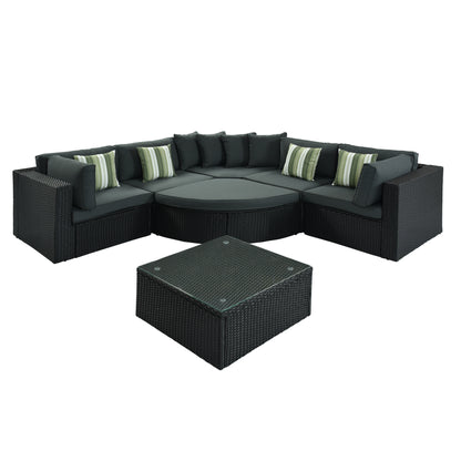 GO 7-piece Outdoor Wicker Sofa Set, Rattan Sofa Lounger, With Striped Green Pillows, Conversation Sofa, For Patio, Garden, Deck, Black Wicker, Gray Cushion image 7