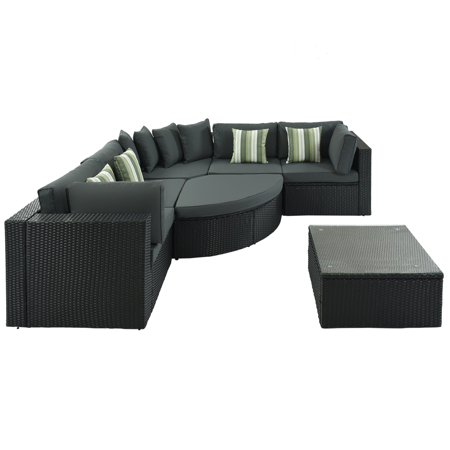 GO 7-piece Outdoor Wicker Sofa Set, Rattan Sofa Lounger, With Striped Green Pillows, Conversation Sofa, For Patio, Garden, Deck, Black Wicker, Gray Cushion image 4