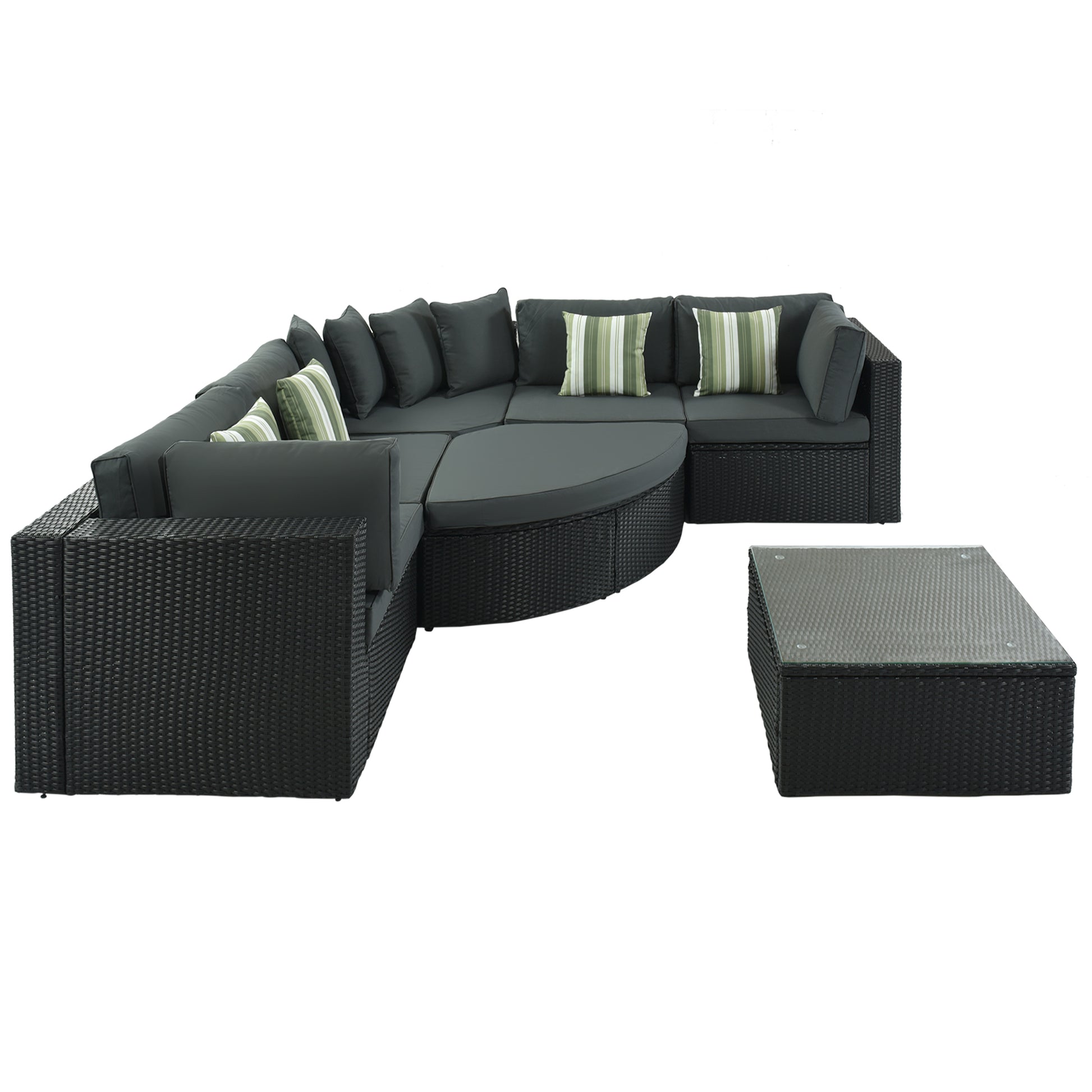 GO 7-piece Outdoor Wicker Sofa Set, Rattan Sofa Lounger, With Striped Green Pillows, Conversation Sofa, For Patio, Garden, Deck, Black Wicker, Gray Cushion image 4