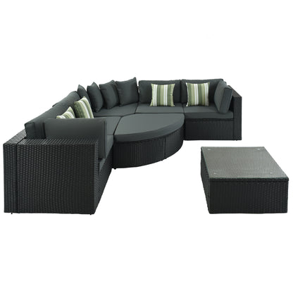 GO 7-piece Outdoor Wicker Sofa Set, Rattan Sofa Lounger, With Striped Green Pillows, Conversation Sofa, For Patio, Garden, Deck, Black Wicker, Gray Cushion image 4