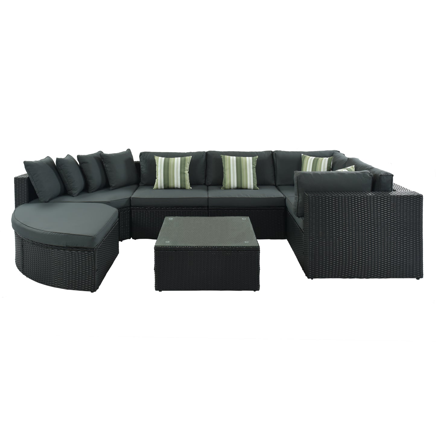 GO 7-piece Outdoor Wicker Sofa Set, Rattan Sofa Lounger, With Striped Green Pillows, Conversation Sofa, For Patio, Garden, Deck, Black Wicker, Gray Cushion image 6