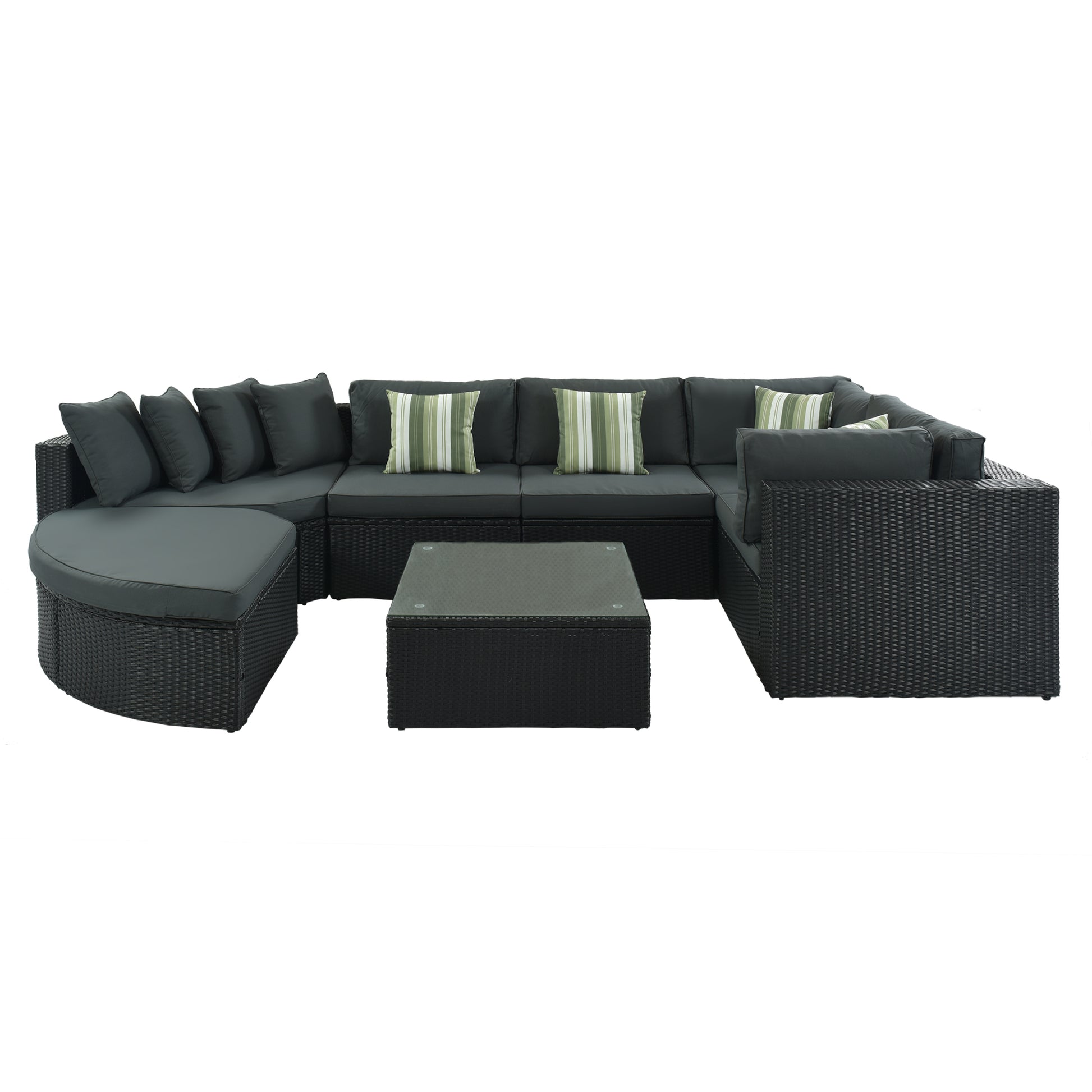 GO 7-piece Outdoor Wicker Sofa Set, Rattan Sofa Lounger, With Striped Green Pillows, Conversation Sofa, For Patio, Garden, Deck, Black Wicker, Gray Cushion image 6