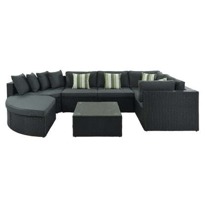 GO 7-piece Outdoor Wicker Sofa Set, Rattan Sofa Lounger, With Striped Green Pillows, Conversation Sofa, For Patio, Garden, Deck, Black Wicker, Gray Cushion image 6