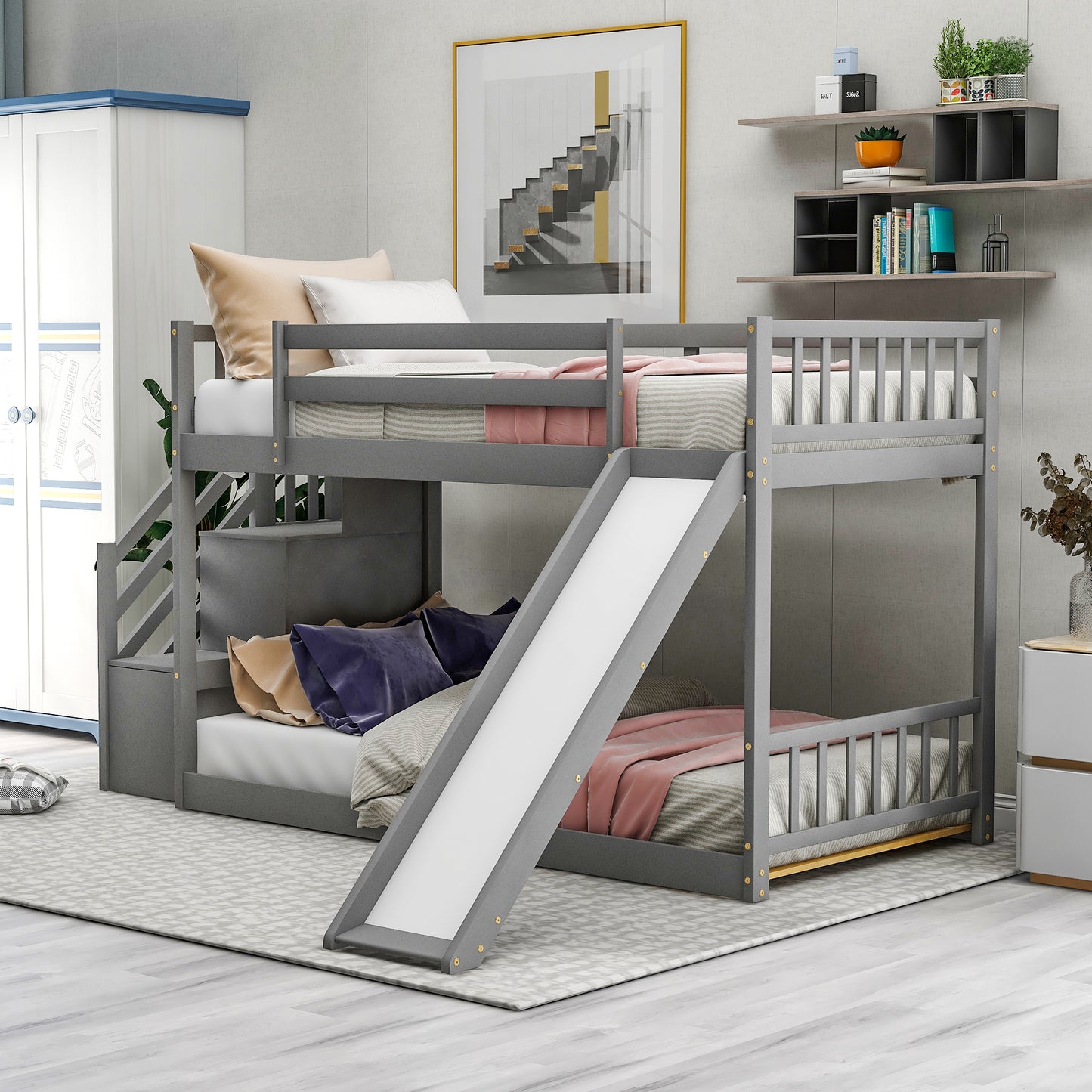 Twin over Twin Bunk Bed with Convertible Slide and Stairway, Gray image 1