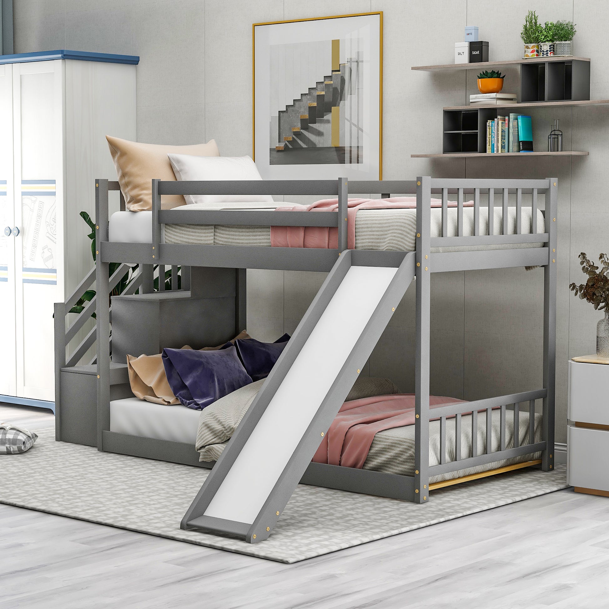 Twin over Twin Bunk Bed with Convertible Slide and Stairway, Gray image 1