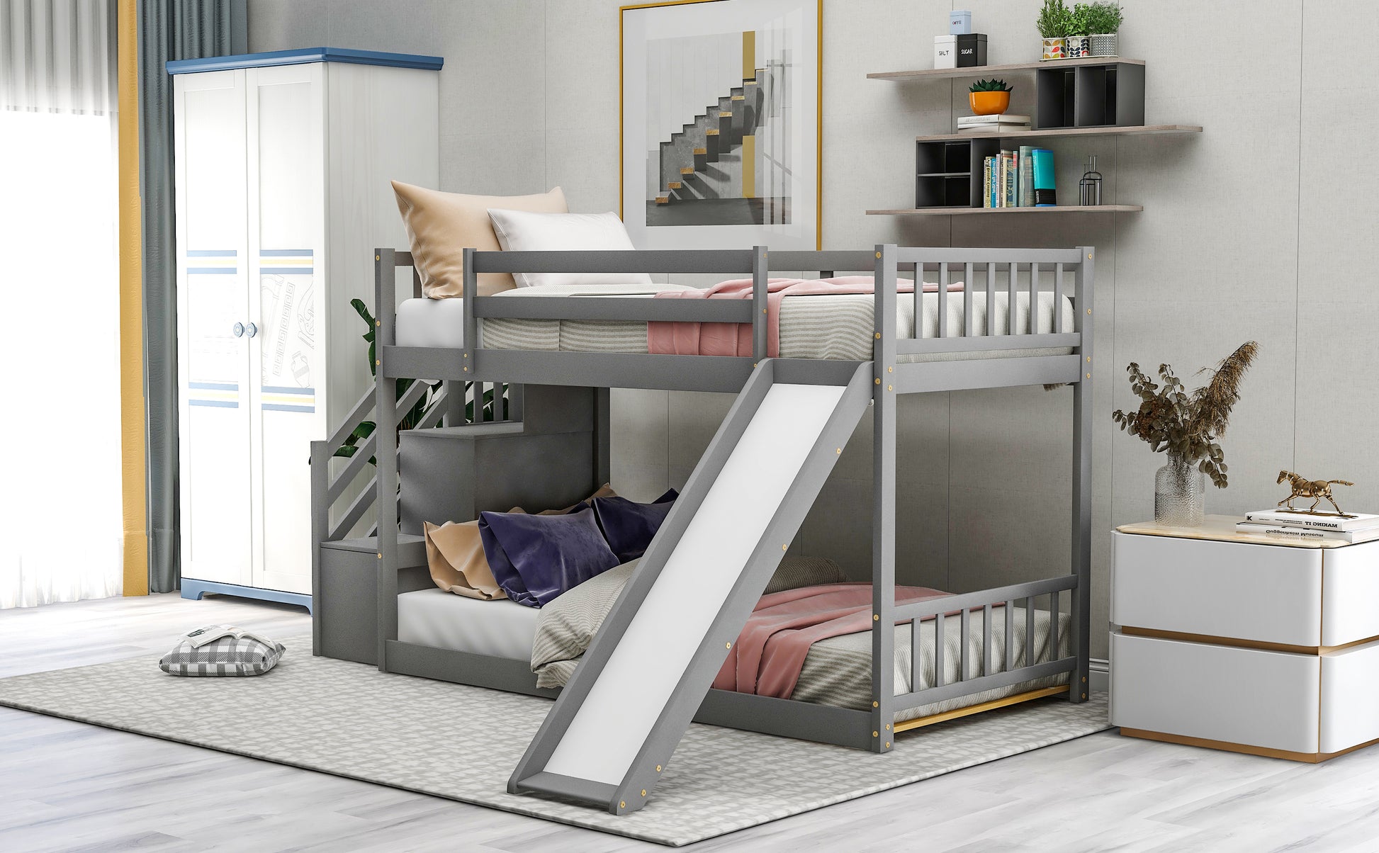 Twin over Twin Bunk Bed with Convertible Slide and Stairway, Gray image 4