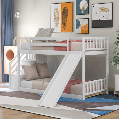 Twin over Twin Bunk Bed with Convertible Slide and Stairway, White image 1