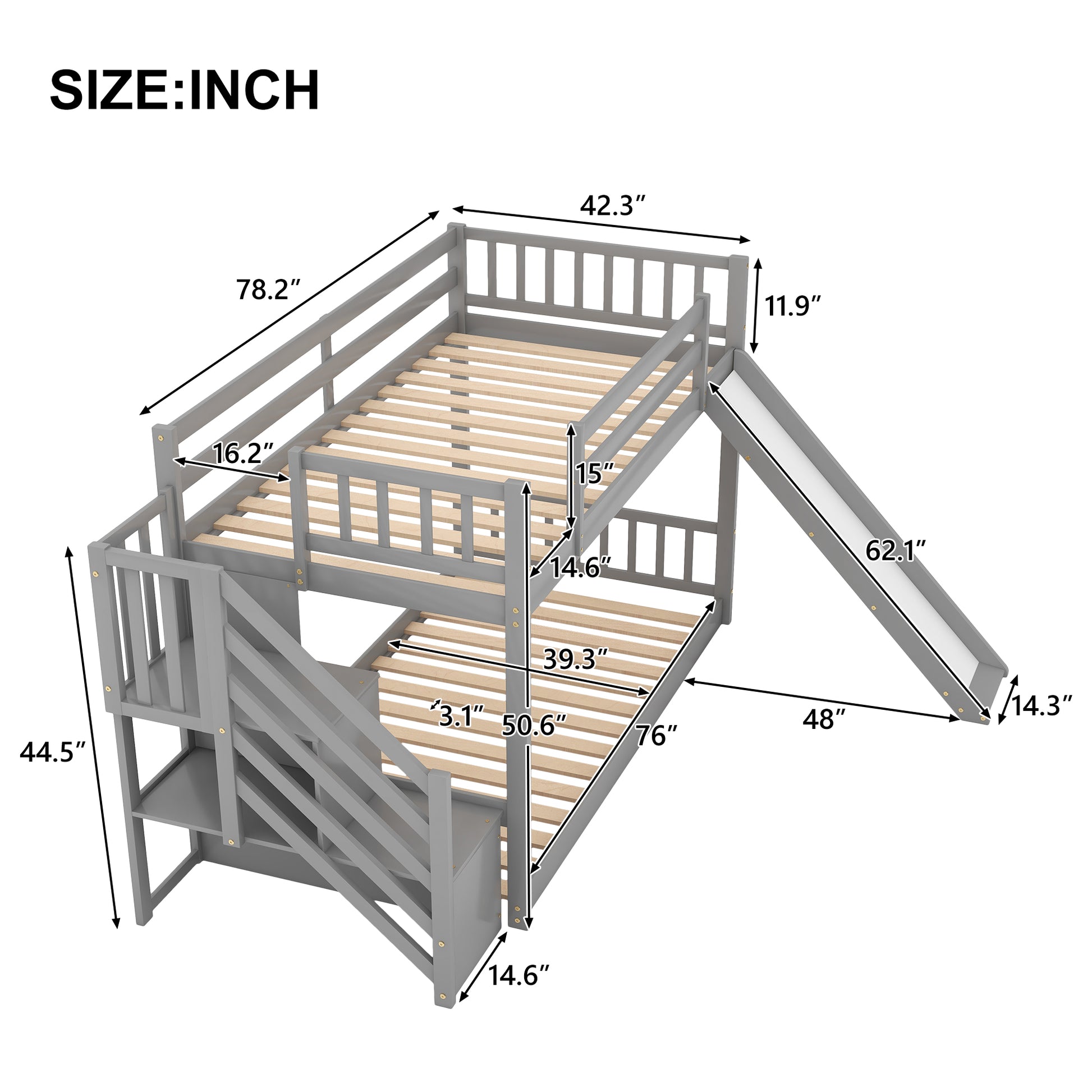 Twin over Twin Bunk Bed with Convertible Slide and Stairway, Gray image 5