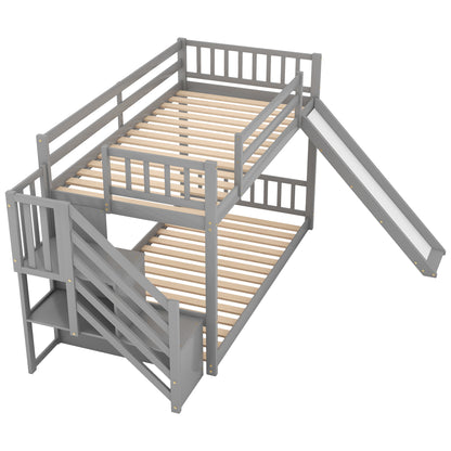 Twin over Twin Bunk Bed with Convertible Slide and Stairway, Gray image 8