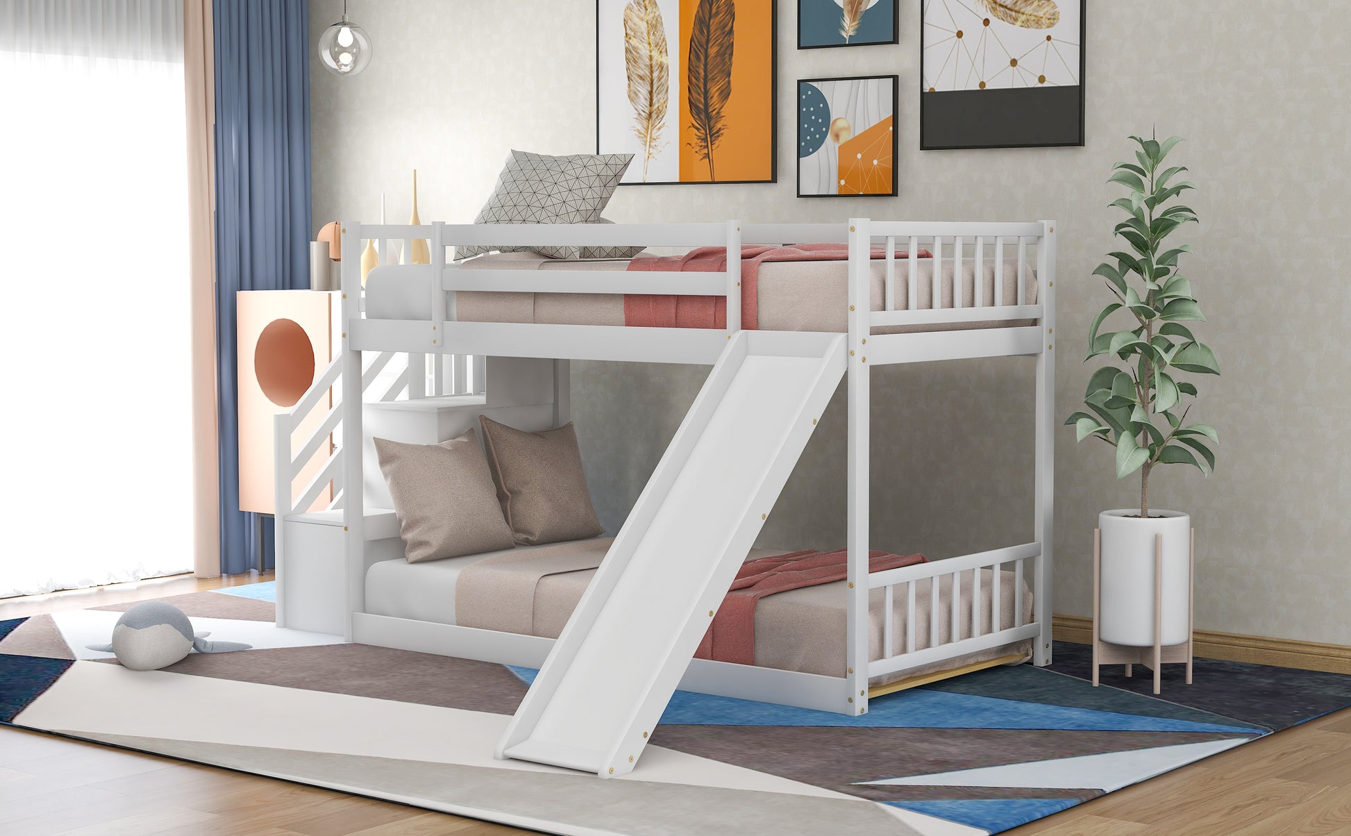 Twin over Twin Bunk Bed with Convertible Slide and Stairway, White image 4