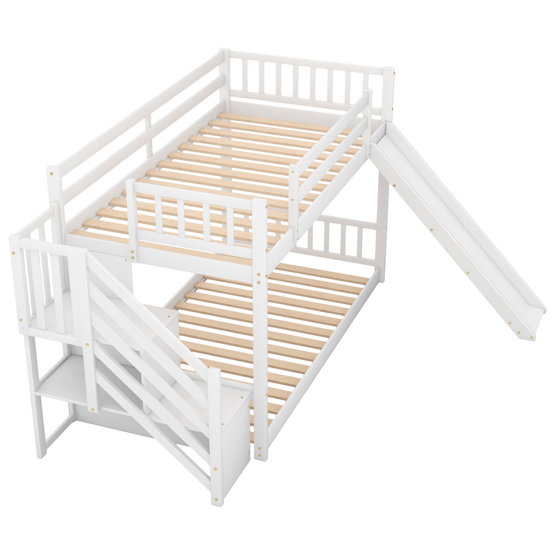 Twin over Twin Bunk Bed with Convertible Slide and Stairway, White image 7