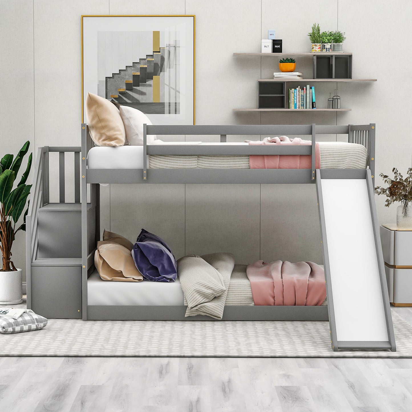 Twin over Twin Bunk Bed with Convertible Slide and Stairway, Gray image 2