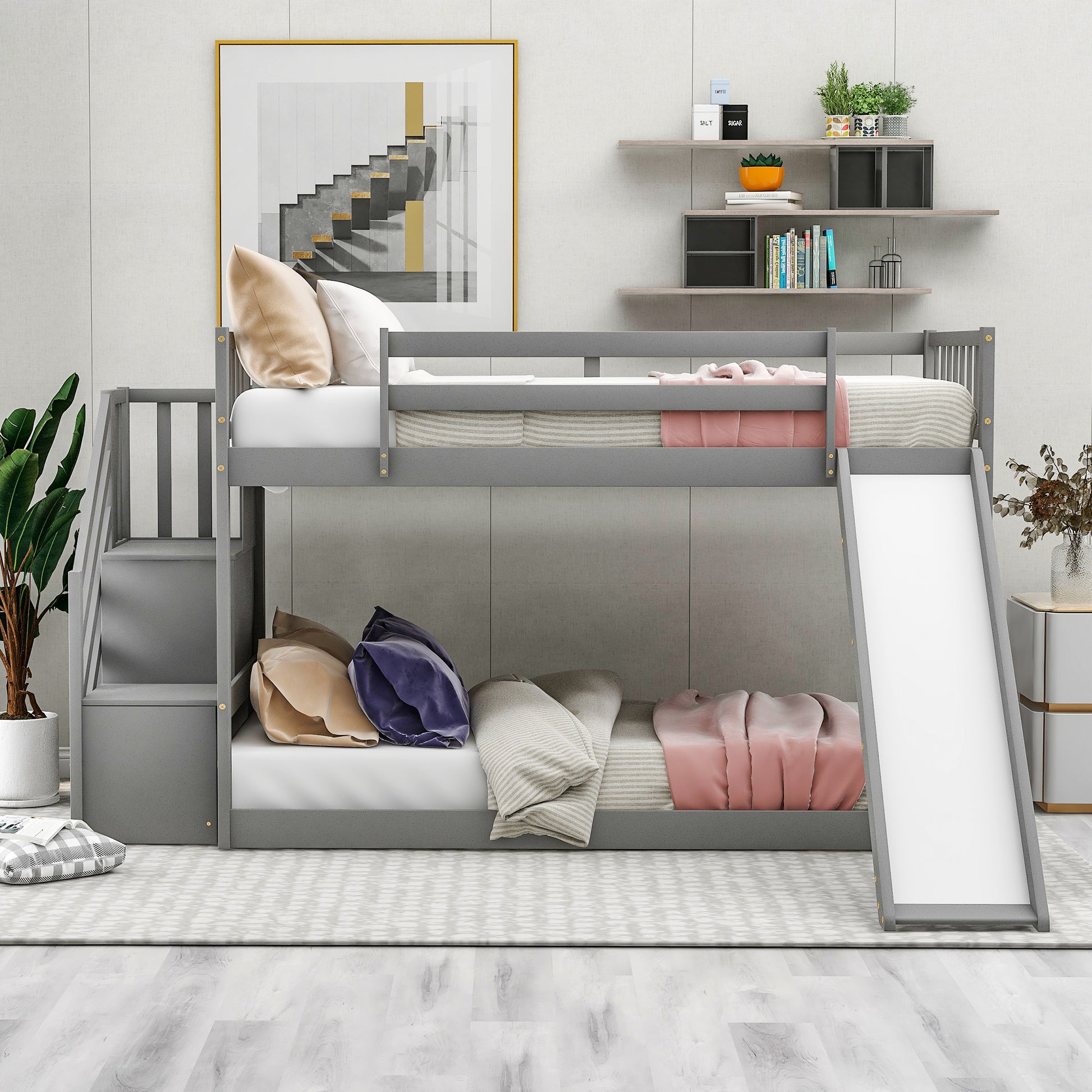 Twin over Twin Bunk Bed with Convertible Slide and Stairway, Gray image 2