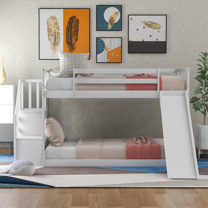 Twin over Twin Bunk Bed with Convertible Slide and Stairway, White image 2