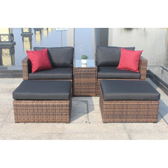 Updated 5 Pieces Outdoor Patio Garden Brown Wicker Sectional Conversation Sofa Set with Black Cushions and Red Pillows,w/ Furniture Protection Cover