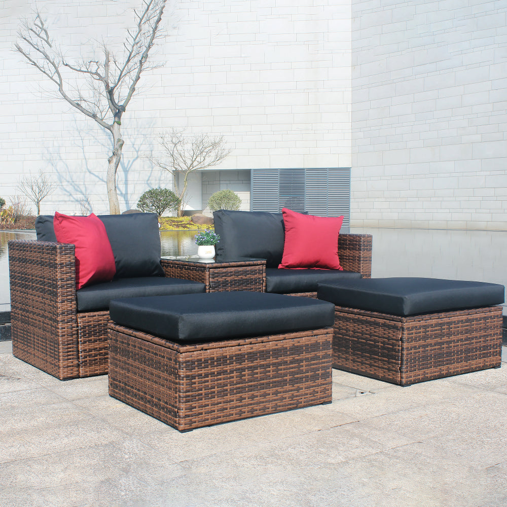Updated 5 Pieces Outdoor Patio Garden Brown Wicker Sectional Conversation Sofa Set with Black Cushions and Red Pillows,w/ Furniture Protection Cover