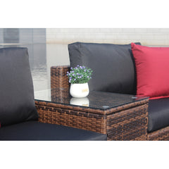 Updated 5 Pieces Outdoor Patio Garden Brown Wicker Sectional Conversation Sofa Set with Black Cushions and Red Pillows,w/ Furniture Protection Cover